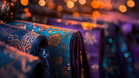 Close-up of traditional indian fabrics in a shop window.の素材