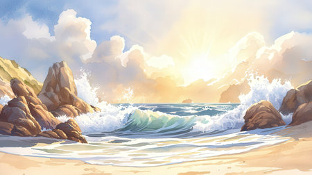 Beautiful seascape with sea waves and rocks. Vector illustrationの素材