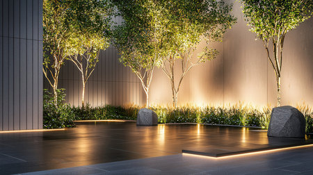 Modern office lobby interior with trees. 3D Rendering mock upの素材