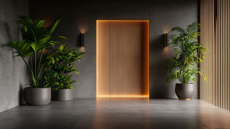 Wooden door in modern interior with plants. 3D Renderingの素材