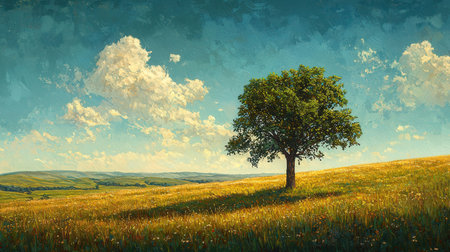 Lonely tree on a meadow with yellow flowers and blue skyの素材