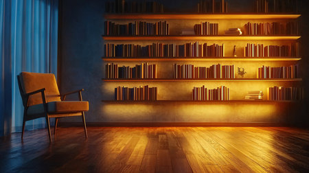Bookshelf with books and armchair. 3d rendering.の素材