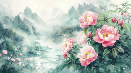 Watercolor painting of peony flowers and mountain landscape with fog.の素材