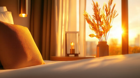 Comfortable bed with pillows and bouquet of reeds indoorsの素材