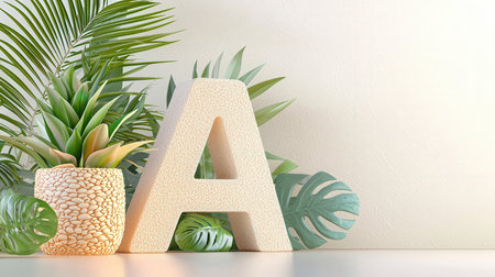 Alphabet letter A with palm leaves. 3d render illustration.の素材