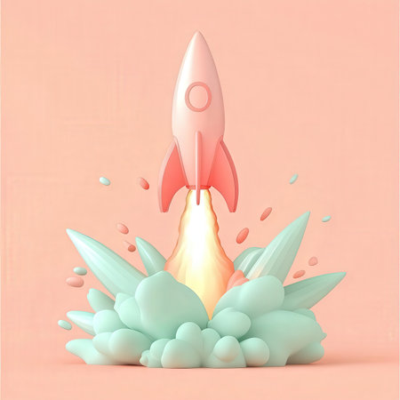 Rocket in the sky on a pink background. 3d rendering.の素材