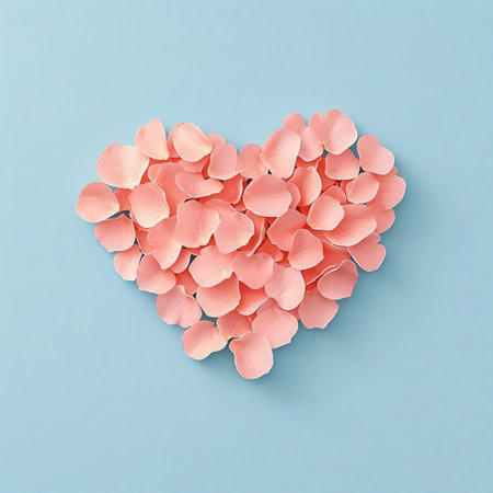 Heart made of pink petals on blue background. Flat lay, top viewの素材
