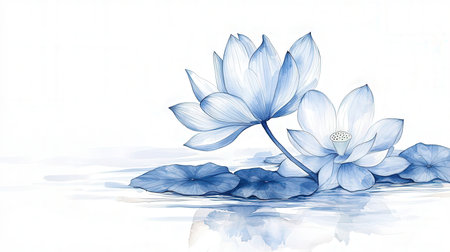 Blue lotus flower on white background. Watercolor hand drawn illustrationの素材