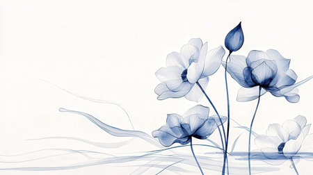 poppy flower on white background with blue waves and lines, illustrationの素材