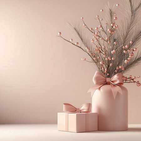 3D render of a pink gift box with a pink bow and a bouquet of flowers in a vase.の素材