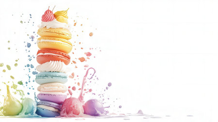 Colorful macaroons with splashes and drops on white backgroundの素材