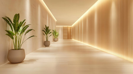 3d rendering of a corridor with plants in a modern office.の素材
