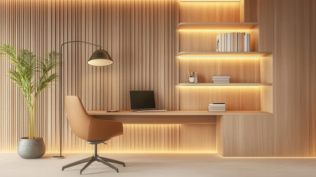 Interior of a modern office with wooden walls, tiled floor, comfortable brown armchair and bookcase with folders. 3d renderingの素材
