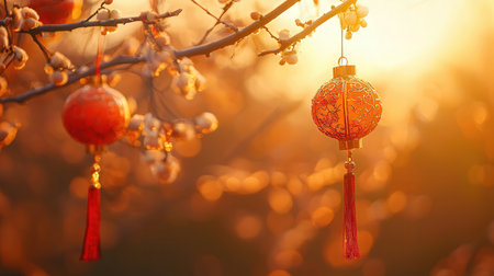 Chinese New Year lanterns on the branches of a tree in the gardenの素材