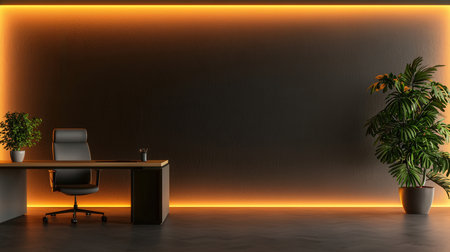 Office interior with empty black wall, computer desk and plant. Mock up, 3D Renderingの素材