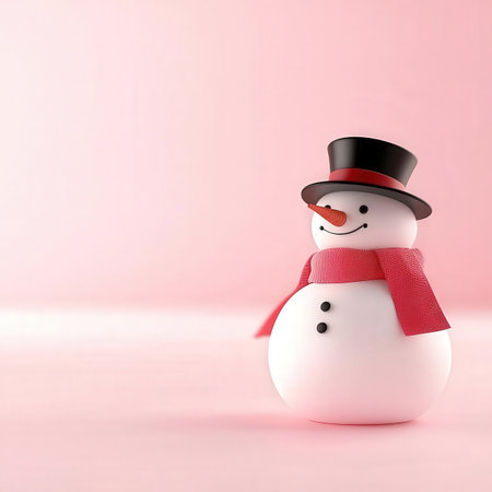 Snowman with a red scarf on a pink background. 3d rendering.の素材