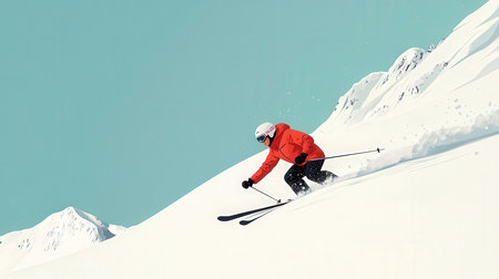 Freerider skiing downhill in high mountains against blue sky with cloudsの素材