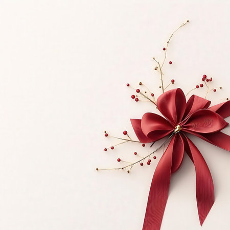 Gift card with red bow and berries on white background. Vector illustration.の素材
