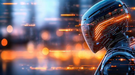 3d rendering cyborg or robot with circuit board on technology backgroundの素材