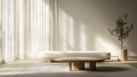 Minimalist living room with white sofa and wooden coffee table. 3d renderingの素材