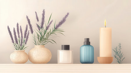 Vector illustration of cosmetic products with lavender flowers in a vase.の素材