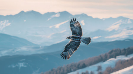 Hawk in flight against the background of the snowy mountains in winterの素材