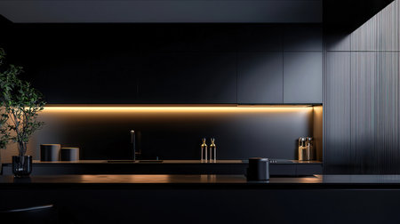 3d rendering of modern kitchen with black walls, concrete floor and black countertops with built in sink and cookerの素材