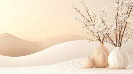 3d render of vase with white flowers in the desert.の素材