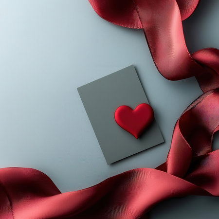 Red ribbon and heart on gray background. Valentine's day concept.の素材