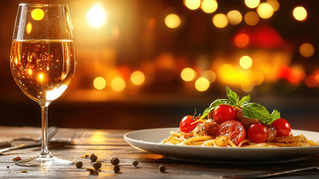Plate of tasty pasta with tomato sauce and basil on table against blurred lightsの素材