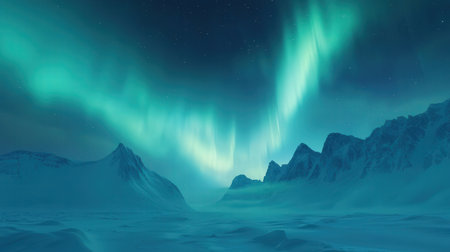 Aurora borealis - northern light over snowy mountains. 3D renderingの素材