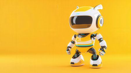 3d render of a cute robot isolated on yellow background with copy spaceの素材