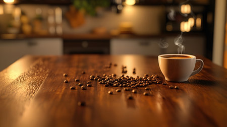 Cup of coffee on wooden table in kitchen, closeup. Space for textの素材