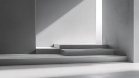 Minimalist empty room with stairs and sunlight. 3D renderingの素材