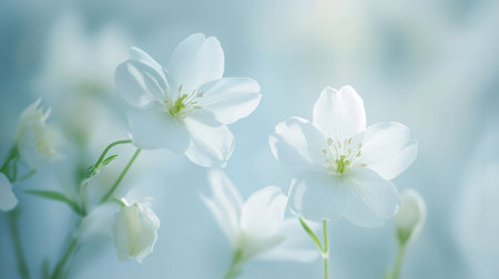 Beautiful white spring flowers on a blue background. Soft focus.の素材