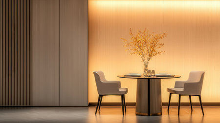 Interior of modern living room with beige walls, concrete floor, round wooden table with white chairs and vase with dried flowers. 3d renderingの素材
