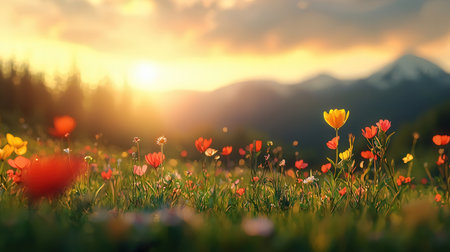 Colorful spring flowers in the meadow at sunset. Beautiful nature backgroundの素材