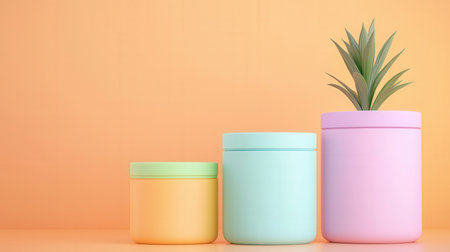 Colorful cosmetic containers with green plant on pastel orange background.の素材