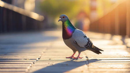 Pigeon standing on the wooden bridge in the morning light.の素材