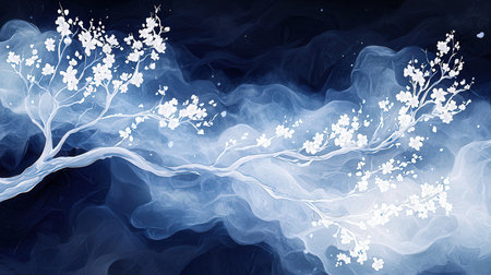 Abstract background with cherry blossom tree in blue watercolor style.の素材