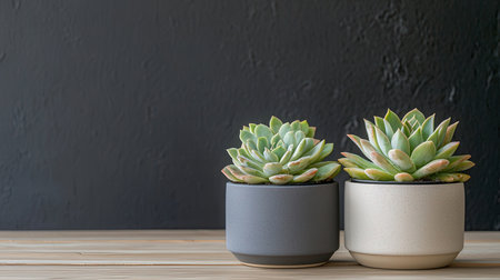 succulent in pot on wood table and black wall background.の素材