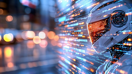 3d rendering humanoid robot with binary code on screen, future technology conceptの素材