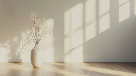 Empty room with vase of dried flowers and window. 3D renderingの素材