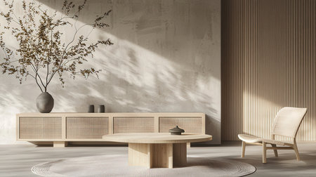 Interior of modern living room with white walls, concrete floor, wooden cupboard and brown wooden armchair. 3d renderingの素材