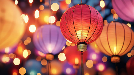 Paper lanterns in chinese lunar new year festival with bokeh backgroundの素材