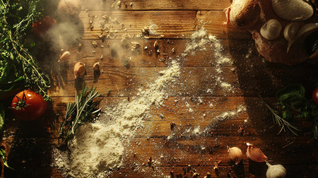 Flour, tomatoes, garlic and herbs on a wooden table.の素材