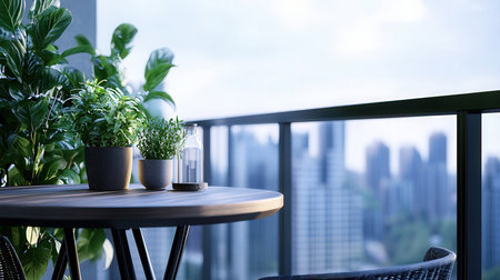 Living room interior with a panoramic view of the city.の素材