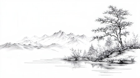 Sketch of a pine tree on the background of the mountainsの素材