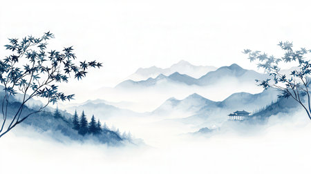 Mountain landscape with fog. Digital art painting. Asian style illustration.の素材