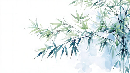 Bamboo leaves on white background. Watercolor painting. Vector illustration.の素材